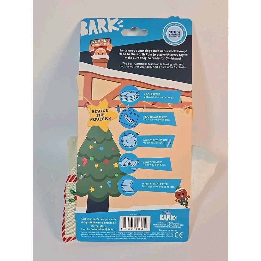 Bark Santa's Workchomp Toy 4 Pc XS-S 0-20 lbs Dogs Treat Crinkle Squeak